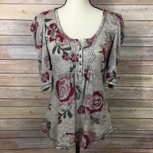 Anthropologie Tops - Anthropologie C Keer Gray Floral Puff Sleeve Top L